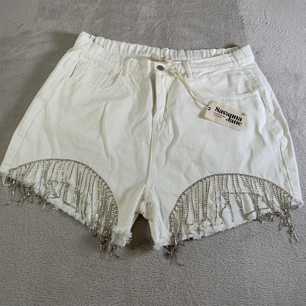 Savanna Jane Shorts Womens‎ 1X White Denim Cutoff Rhinestone Fringe Festival NEW